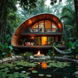 A tranquil holiday cabin inspired by the design of a cocoon, nestled in a peaceful jungle setting, featuring organic shapes and natural materials