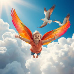 A magical scene depicting a child with vibrant, colorful wings, joyfully spreading them wide as he flies through a fantastical kingdom of fluffy, white clouds
