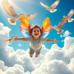 A magical scene depicting a child with vibrant, colorful wings, joyfully spreading them wide as he flies through a fantastical kingdom of fluffy, white clouds