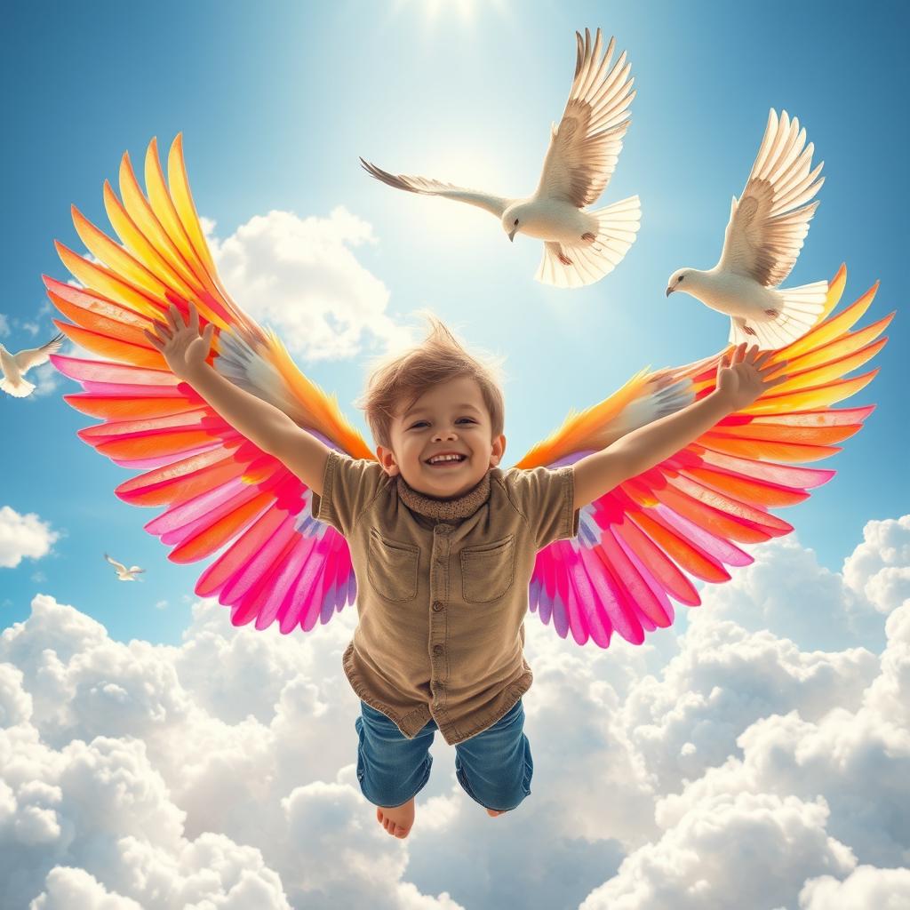 A magical scene depicting a child with vibrant, colorful wings, joyfully spreading them wide as he flies through a fantastical kingdom of fluffy, white clouds