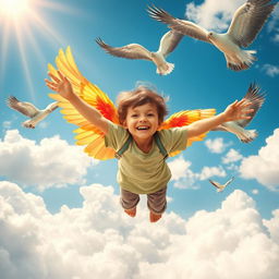 A magical scene depicting a child with vibrant, colorful wings, joyfully spreading them wide as he flies through a fantastical kingdom of fluffy, white clouds