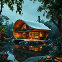 An artistic representation of a luxurious cabin inspired by a cocoon, perfectly integrated into a serene jungle setting