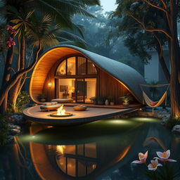 An artistic representation of a luxurious cabin inspired by a cocoon, perfectly integrated into a serene jungle setting