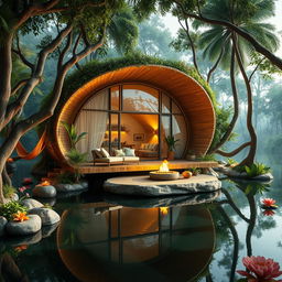 An artistic representation of a luxurious cabin inspired by a cocoon, perfectly integrated into a serene jungle setting