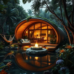 An artistic representation of a luxurious cabin inspired by a cocoon, perfectly integrated into a serene jungle setting