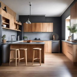 A high-end modern kitchen, combining vintage and contemporary elements, featuring plywood cupboards, a concrete benchtop, and in the center, a rustic timber island bench, resonating old-world charm.