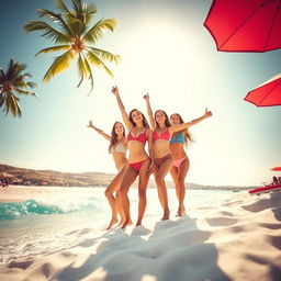 A beautiful beach scene featuring several women enjoying the sun and sea, with a picturesque landscape in the background