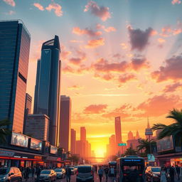 A futuristic city skyline at sunset, featuring towering skyscrapers with neon lights reflecting on the glass surfaces