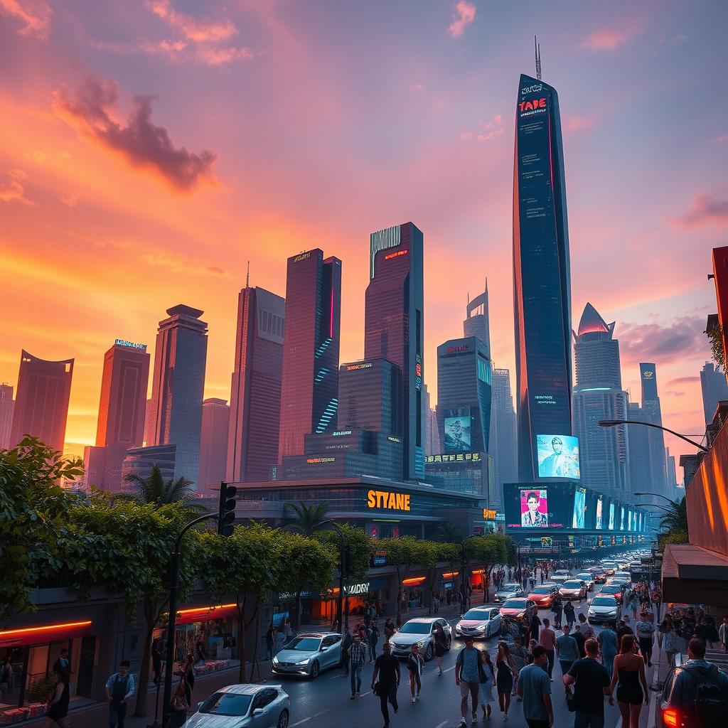 A futuristic city skyline at sunset, featuring towering skyscrapers with neon lights reflecting on the glass surfaces