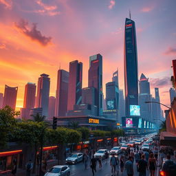 A futuristic city skyline at sunset, featuring towering skyscrapers with neon lights reflecting on the glass surfaces