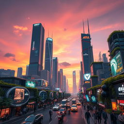 A futuristic city skyline at sunset, featuring towering skyscrapers with neon lights reflecting on the glass surfaces