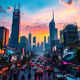 A futuristic city skyline at sunset, featuring towering skyscrapers with neon lights reflecting on the glass surfaces