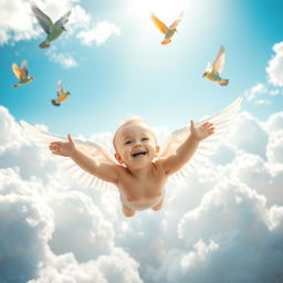 A cute baby with angelic wings spreads his wings and joyfully flies in a vibrant kingdom of fluffy white clouds