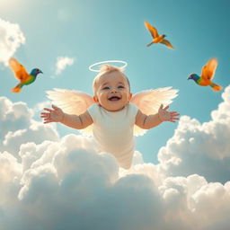A cute baby with angelic wings spreads his wings and joyfully flies in a vibrant kingdom of fluffy white clouds