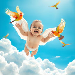 A cute baby with angelic wings spreads his wings and joyfully flies in a vibrant kingdom of fluffy white clouds
