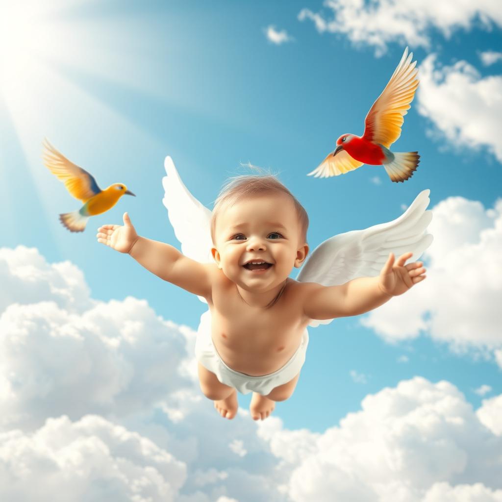 A cute baby with angelic wings spreads his wings and joyfully flies in a vibrant kingdom of fluffy white clouds
