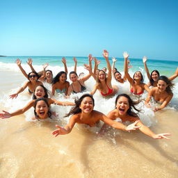 A beautiful beach scene featuring many women enjoying themselves in the water, all presenting a sense of freedom and joy