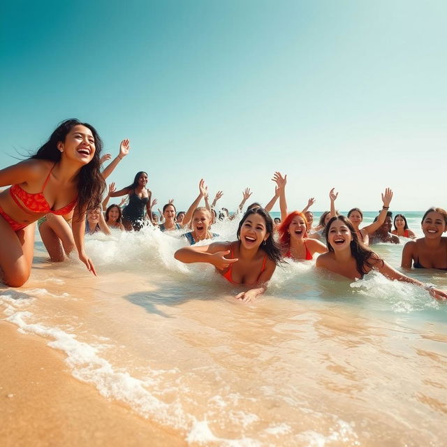 A beautiful beach scene featuring many women enjoying themselves in the water, all presenting a sense of freedom and joy