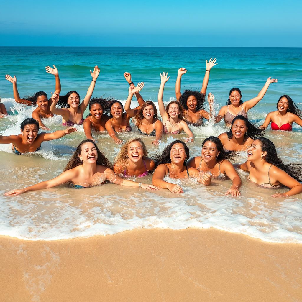 A beautiful beach scene featuring many women enjoying themselves in the water, all presenting a sense of freedom and joy