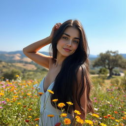 A stunning young Greek woman, approximately 18 years old, posing gracefully in a beautiful natural setting