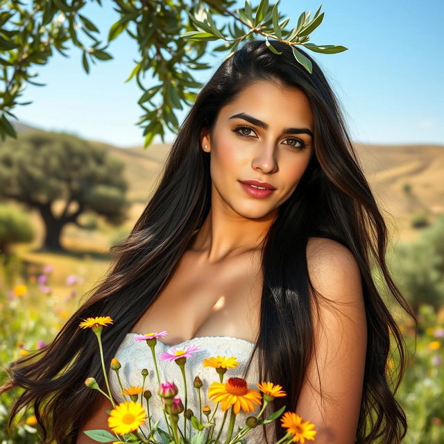 A stunning young Greek woman, approximately 18 years old, posing gracefully in a beautiful natural setting