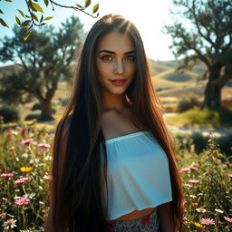 A stunning young Greek woman, approximately 18 years old, posing gracefully in a beautiful natural setting
