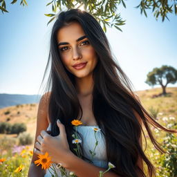 A stunning young Greek woman, approximately 18 years old, posing gracefully in a beautiful natural setting