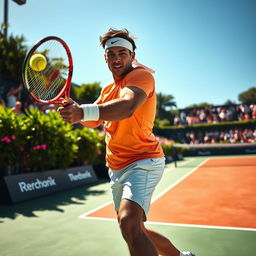 A dynamic and energetic scene depicting a professional tennis player on a vibrant outdoor court