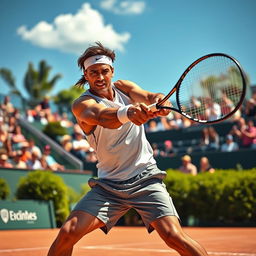 A dynamic and energetic scene depicting a professional tennis player on a vibrant outdoor court