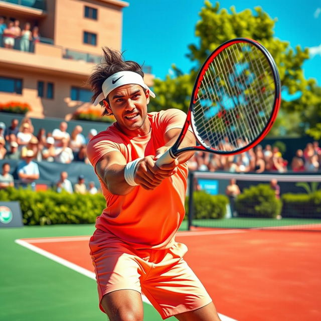 A dynamic and energetic scene depicting a professional tennis player on a vibrant outdoor court