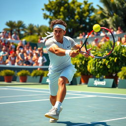 A dynamic and energetic scene depicting a professional tennis player on a vibrant outdoor court