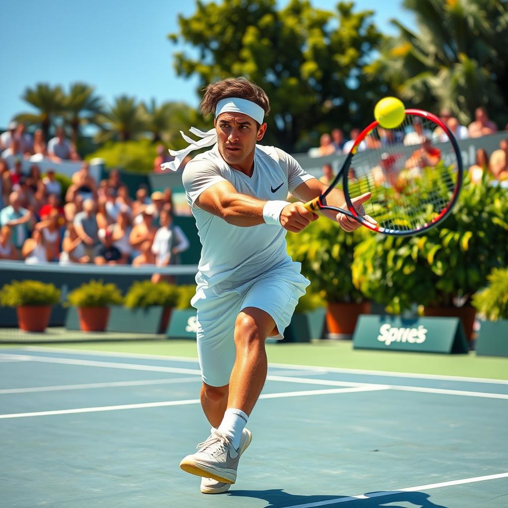 A dynamic and energetic scene depicting a professional tennis player on a vibrant outdoor court