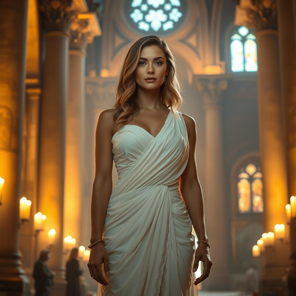 A captivating medieval-inspired scene set inside a grand, ornate hall illuminated by warm, golden candlelight