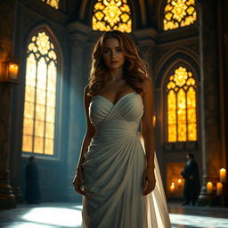 A captivating medieval-inspired scene set inside a grand, ornate hall illuminated by warm, golden candlelight