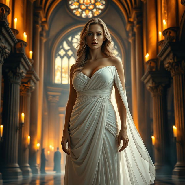 A captivating medieval-inspired scene set inside a grand, ornate hall illuminated by warm, golden candlelight