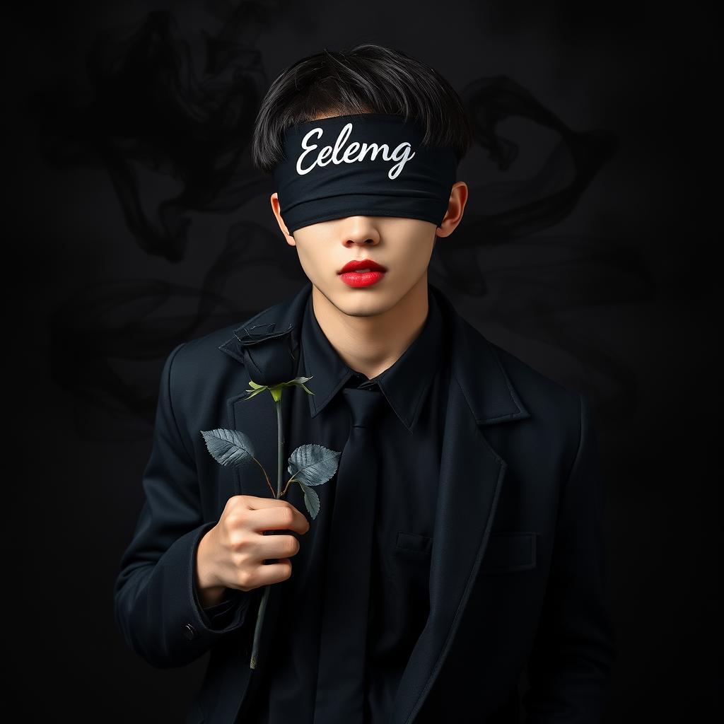 A full-body portrait of a handsome young Asian man with short black emo style hair, his eyes covered with a black cloth