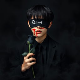 A full-body portrait of a handsome young Asian man with short black emo style hair, his eyes covered with a black cloth