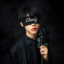 A full-body portrait of a handsome young Asian man with short black emo style hair, his eyes covered with a black cloth