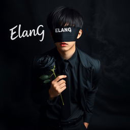 A full-body portrait of a handsome young Asian man with short black emo style hair, his eyes covered with a black cloth