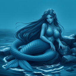 A stunning siren character with captivating beauty, featuring long flowing hair and an elegant tail