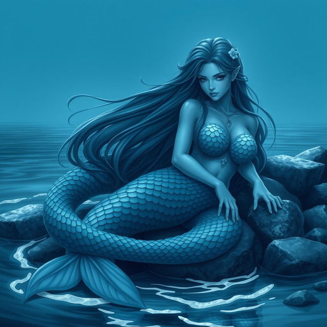 A stunning siren character with captivating beauty, featuring long flowing hair and an elegant tail