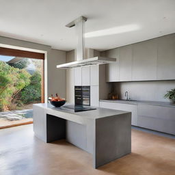 An architecturally designed modern kitchen, highlighting its concrete benchtops, and a striking sculptural island bench drawing focus as the centerpiece.