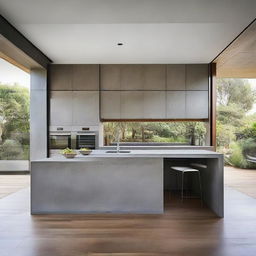 An architecturally designed modern kitchen, highlighting its concrete benchtops, and a striking sculptural island bench drawing focus as the centerpiece.