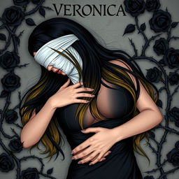 A woman with long black hair transitioning to yellow ombre, her eyes covered with a white cloth, wearing a black dress, lying on her back while embracing herself, prominently featuring a large chest, surrounded by thorny black rose branches