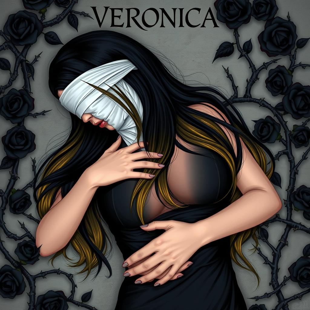 A woman with long black hair transitioning to yellow ombre, her eyes covered with a white cloth, wearing a black dress, lying on her back while embracing herself, prominently featuring a large chest, surrounded by thorny black rose branches