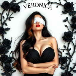 A woman with long black hair transitioning to yellow ombre, her eyes covered with a white cloth, wearing a black dress, lying on her back while embracing herself, prominently featuring a large chest, surrounded by thorny black rose branches