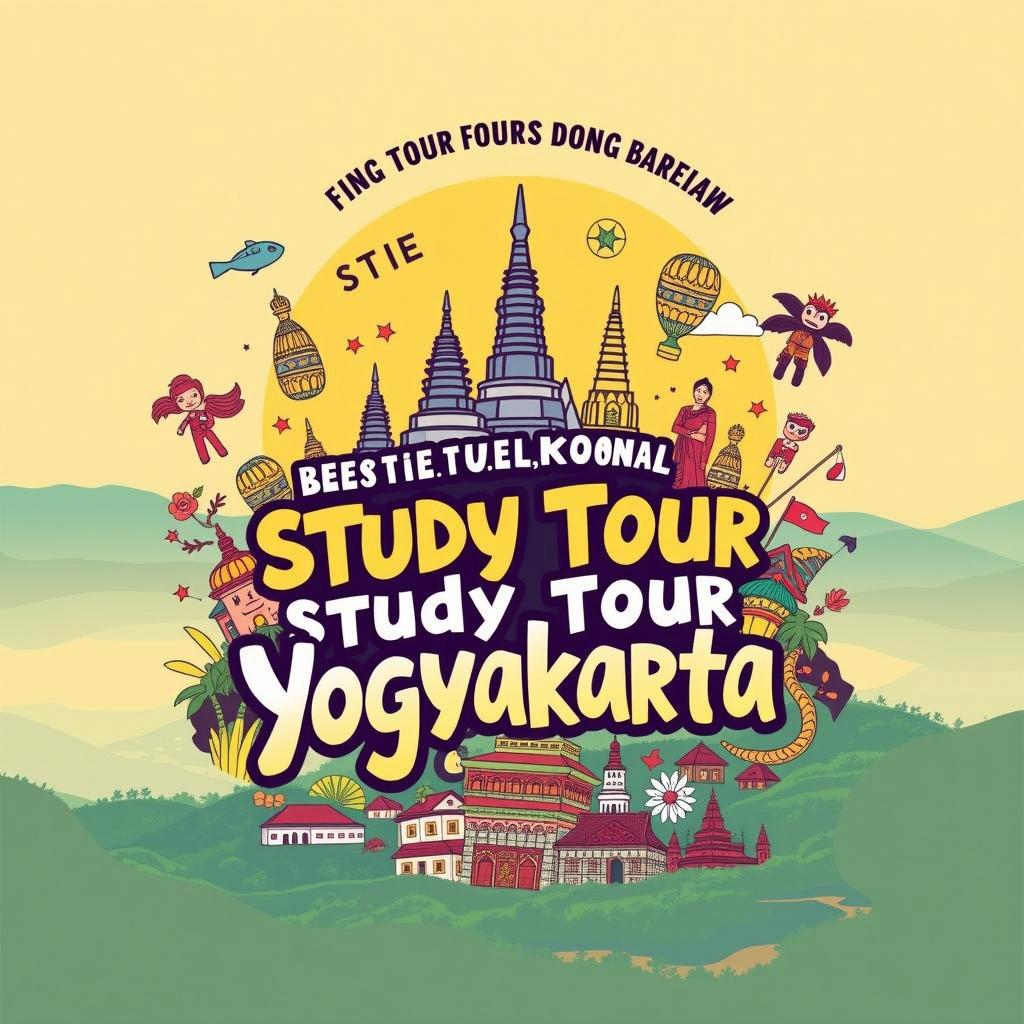 A vibrant and colorful promotional design for a study tour in Yogyakarta, featuring iconic landmarks such as the Prambanan Temple and Borobudur Temple among a scenic mountainous background