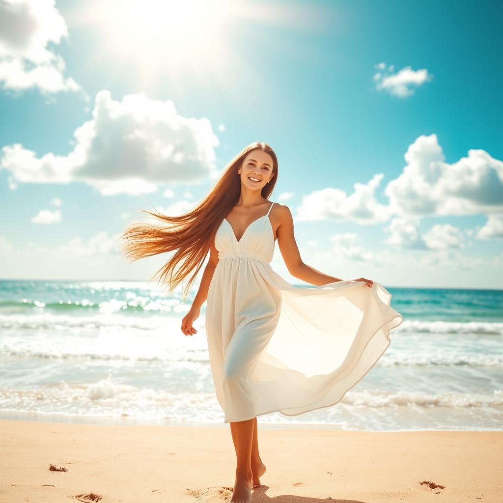 A visually striking image featuring a confident young woman with long flowing brown hair, wearing a stylish white sundress that flares gently as she poses on a sunlit beach
