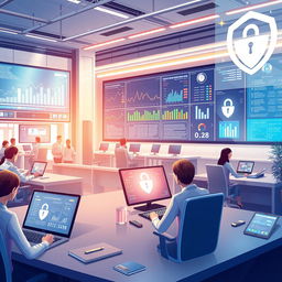 A detailed illustration depicting a modern banking system operational environment