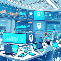 A detailed illustration depicting a modern banking system operational environment